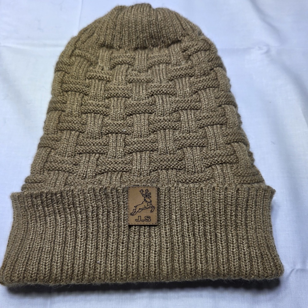 JS Beanie Hat Tan Knit Faux Fur Lined Deer Logo Winter‎ Warm camping hiking